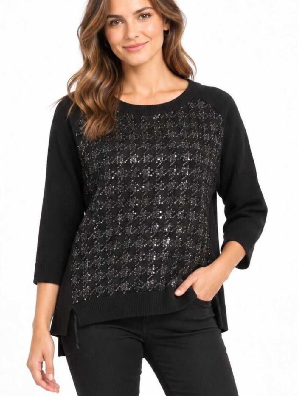 Alfani XL $89 Black Silver Sequin Front Pullover Sweater 3/4 Sleeve Hi Low Hem